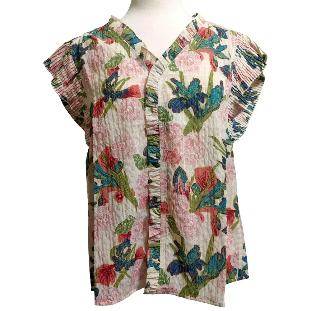 NWT Voy Floral Ruffle Sleeve Button-Front Blouse~Ruffle Front~Pleated Sleeve~SMA - Picture 1 of 8